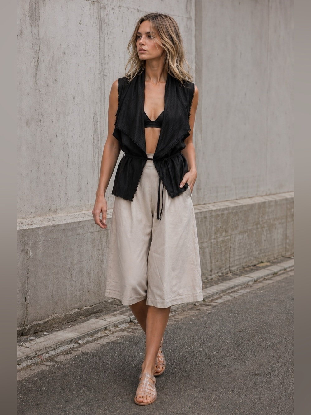 Black Sheer Raw Silk Panel Shawl Top or Lightweight Wrap Vest